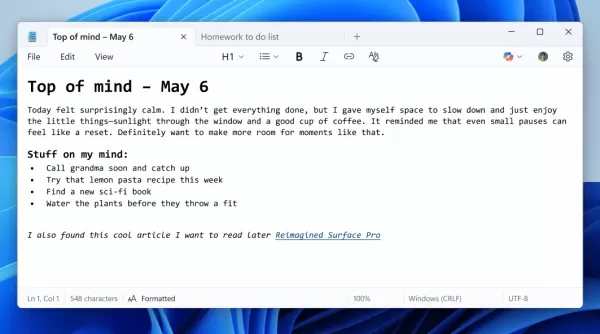 Notepad now has a new text formatting toolbar for all of its new additions.