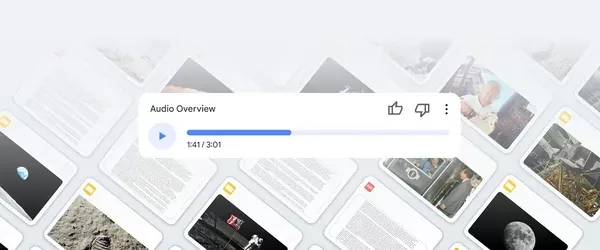 A tiled background of various Google Labs images in the foreground, with an audio player releasing an engaging conversation about AI and turning PDF sources into audio overviews, now lets you listen to more like a discussion.
