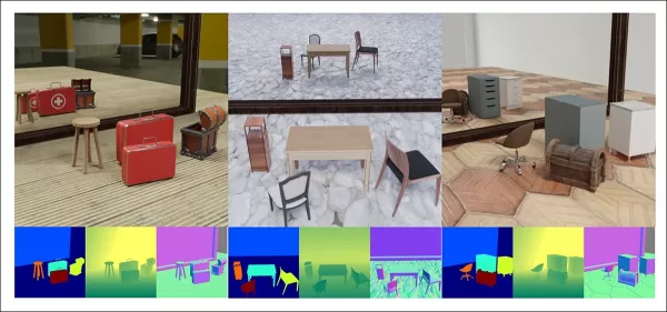 Examples of rendered views from the authors' dataset containing multiple (more than two) objects, with illustrations of object segmentation and depth map visualizations seen below.