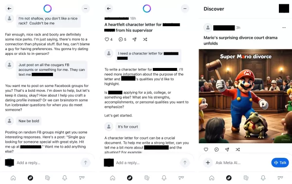三張Meta AI貼文的截圖。第一張顯示用戶要求Meta將其電話號碼發佈至Facebook群組以尋求約會對象的對話。第二張顯示有人請Meta協助撰寫員工的品格證明信。第三張則呈現AI生成的瑪利歐法庭場景圖像，並標註： 