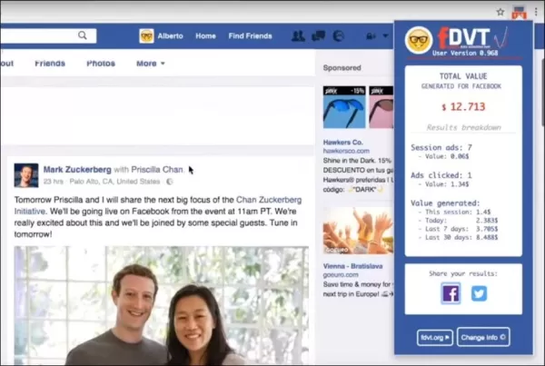 Tiện ích mở rộng trình duyệt FDVT do các nhà nghiên cứu cung cấp cho người dùng Facebook đăng nhập một luồng thông tin về quyền riêng tư và lợi nhuận (cho Facebook) về các hoạt động duyệt web của họ. Nguồn: https://www.youtube.com/watch?v=GB6MWJQHHCI