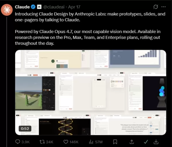 Anthropic launched Claude Design, an experimental AI tool that generates professional design drafts and prototypes from text, images, or uploaded documents. Powered by the Claude Opus 4.7 model, it allows non-designers to create visual content and export to formats like PDF or Canva. A key feature enables seamless handoff to Claude Code for development. Currently in research preview for Pro and Enterprise subscribers.
