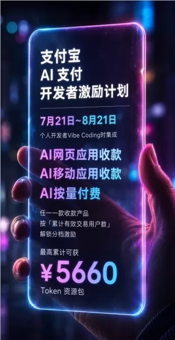 Alipay upgraded its AI payment developer incentive program, offering up to 5660 yuan in token subsidies. Developers integrating AI Pay-per-Use, AI Web Application Payment, or AI Mobile Application Payment via Vibe Coding earn tiered rewards based on cumulative effective transaction users by August 21. AI Pay-per-Use enjoys a zero fee rate until December 31, 2026.