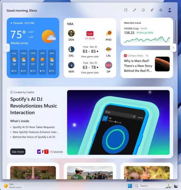 Новая лента с искусственным интеллектом на панели виджетов.