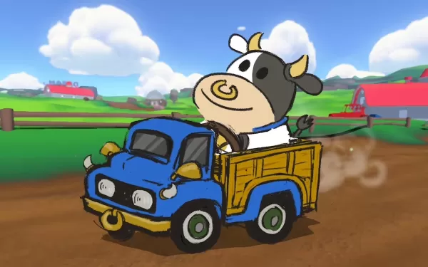 Concept art of a cow driving a truck in Mario Kart World.