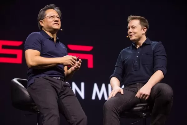 Jensen Huang, CEO von NVIDIA, und Tesla -CEO Elon Musk bei der GPU Technology Conference in San Jose, Kalifornien. Bildnachweis: Kim Kulish / Corbis über Getty Images / Getty Images