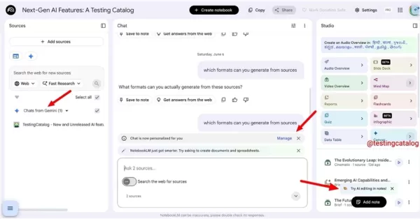 Captura de pantalla de las nuevas funciones de «Inteligencia personal» y «Edición de notas con IA» de NotebookLM