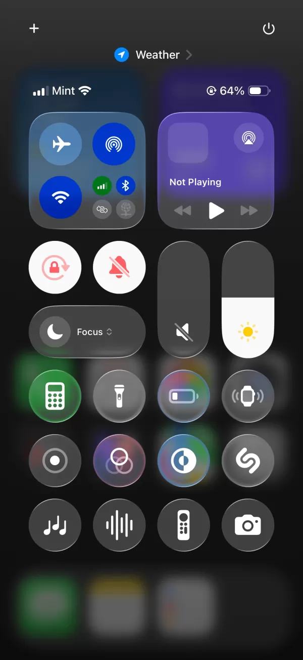 A screenshot of the Control Center in iOS 26 developer beta 2.