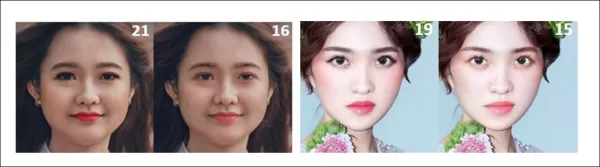 Makeup removal results on real-world images from the LADN (left pair) and BeautyFace (right pair) datasets. DiffClean reduces the predicted ages by removing cosmetics, narrowing the gap between apparent and actual age. White numbers show estimated ages before and after processing.