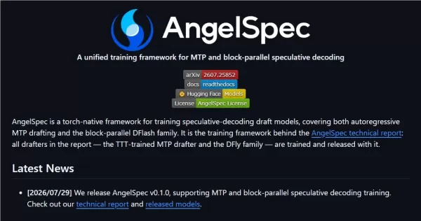 Tencent open-sourced AngelSpec, a unified training framework boosting large model inference throughput via multi-scheme collaboration and workload adaptation. It uses multi-token prediction for open-ended tasks and a block diffusion model (DFly) for code/math, with a dynamic verification mechanism to balance compute and throughput. DFly achieved highest average throughput in Hy3 tests.