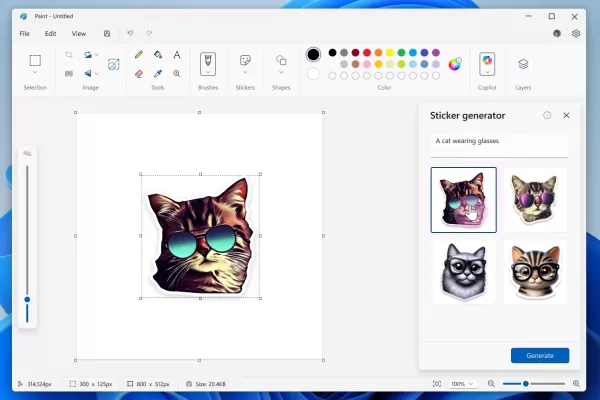 Ein Screenshot von Microsoft Paint unter Windows 11 zeigt das neue KI-gesteuerte Aufkleber-Generator-Tool.
