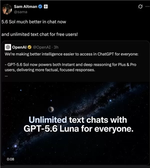 Бесплатная версия ChatGPT получает крупное обновление с мощным бустом GPT-5.6 Luna, а пользователи Plus и Pro получают эксклюзивные преимущества