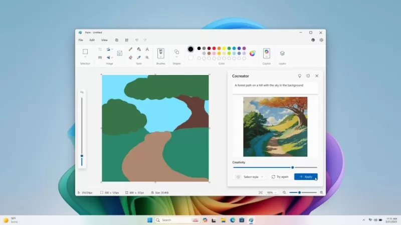 Cocreator в Paint может генерировать изображение на основе вашего рисунка и текстового запроса.