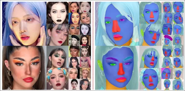 Examples from the BeautyFace dataset, exemplifying the semantic segmentation that defines various areas of affected face surface. Source: https://li-chongyi.github.io/BeautyREC_files/