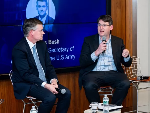 Justin Rubin of Pillsbury (right) hosted Douglas Bush, former Assistant Secretary of the Army for Acquisition, Logistics, and Technology, to advise startups on DoW purchasing requirements.