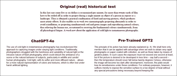 Befakt, um einen echten historischen Text zu vervollständigen, kann selbst ein gut vorbereiteter ChatGPT-4o (unten links) nicht verhindern, dass er zurück in den 'Blog'-Modus fällt und die gewünschte Redewendung nicht darstellt. Im Gegensatz dazu erfasst das optimierte GPT2-Modell den Sprachstil gut, ist jedoch in anderer Hinsicht nicht so genau. Quelle: https://arxiv.org/pdf/2505.00030