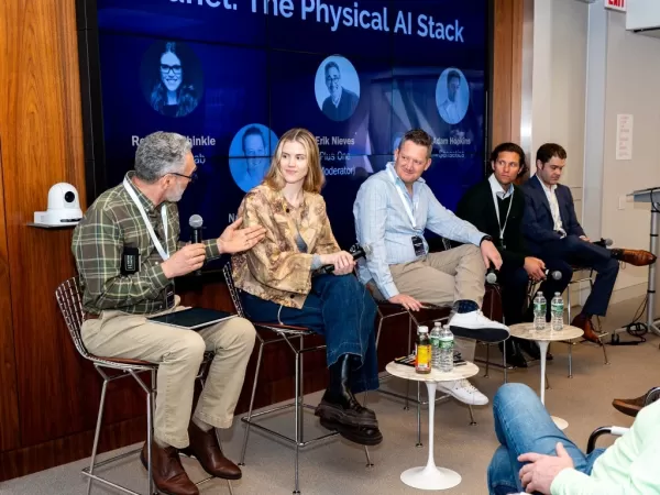Physical AI panel with Erik Nieves of Plus One Robotics, Rosalind Shinkle of Tuesday’s Lab, Nadav Orbach of RealSense, Duncan McIntyre of FieldAI, and Adam Hopkins of Sensetics. Photo credit: Mara Zalite
