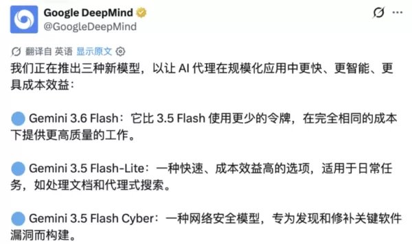 Google 推出了三款新的 Gemini 模型：3.6 Flash、3.5 Flash-Lite 以及 3.5 Flash Cyber。這些模型雖能降低成本並節省代幣消耗，但智慧表現的提升有限，網友批評其效能不如競爭對手。旗艦款 3.5 Pro 推出時間延後，而 Gemini 4 的預訓練工作已展開。