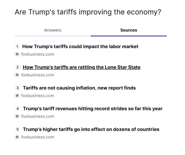 Truth Social's AI search interface showing Fox Business results
