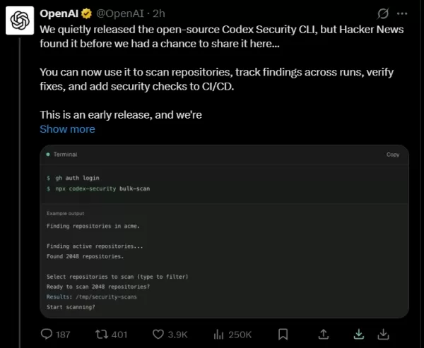 El 29 de julio, OpenAI lanzó Codex Security CLI, una herramienta de código abierto de línea de comandos diseñada para analizar repositorios de código en busca de vulnerabilidades de seguridad. Se integra en los flujos de CI/CD, es compatible con «npm install», requiere Node.js 22+ y Python 3.10+, y utiliza una clave de API o el inicio de sesión con ChatGPT. El código está alojado en GitHub.