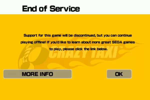 A screenshot of a warning message that appears in Sega’s mobile version of Crazy Taxi.