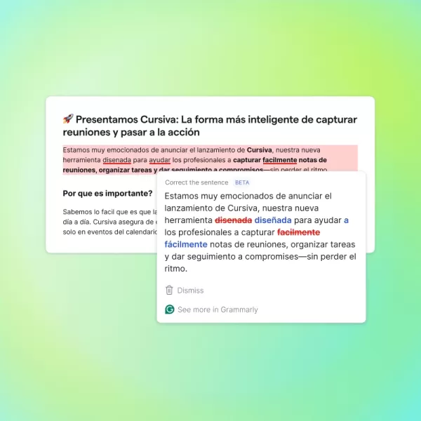 Text in Spanish highlighted in red with specific words crossed out in red and replaced with correctly spelled words in blue.
