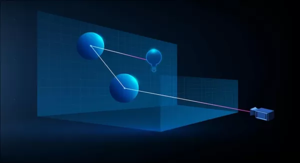 A representation of a virtually-calculated light-beam in a traditional 3D-based (i.e., CGI) scenario, using technologies and principles first developed in the 1960s, and which came to fruition between 1982-93 (the span between Tron [1982] and Jurassic Park [1993]). Source: https://www.unrealengine.com/en-US/explainers/ray-tracing/what-is-real-time-ray-tracing
