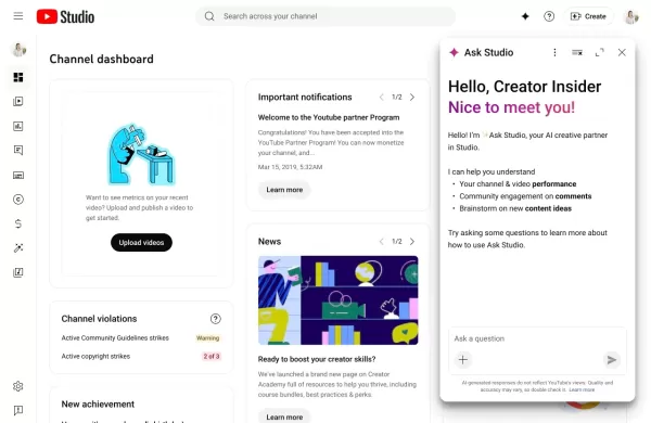 Chatbot de análise Ask Studio do YouTube