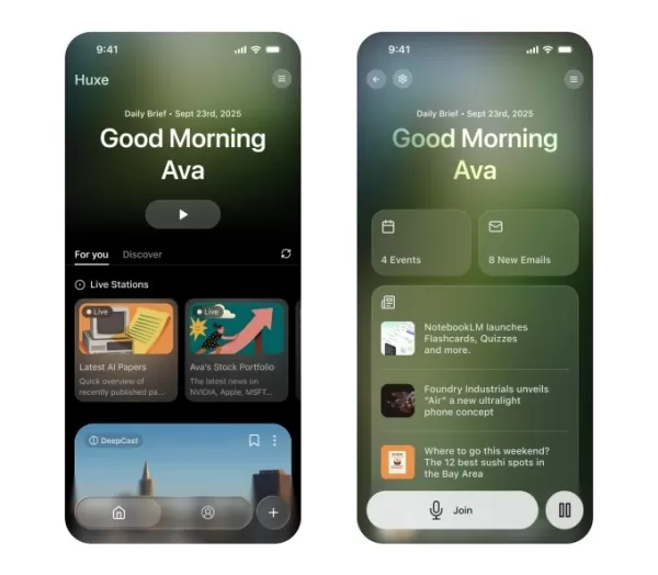 Une paire de captures d'écran montrant l'application audio Huxe