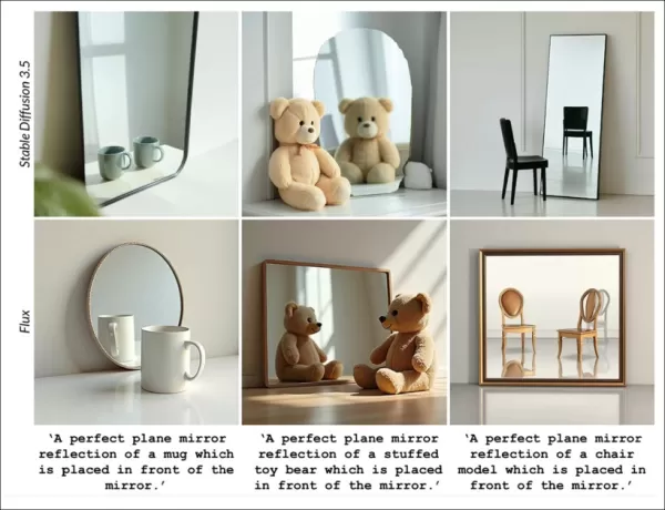 From the paper: Current state-of-the-art text-to-image models, SD3.5 and Flux, exhibited significant challenges in producing consistent and geometrically accurate reflections when prompted to generate reflections in the scene.