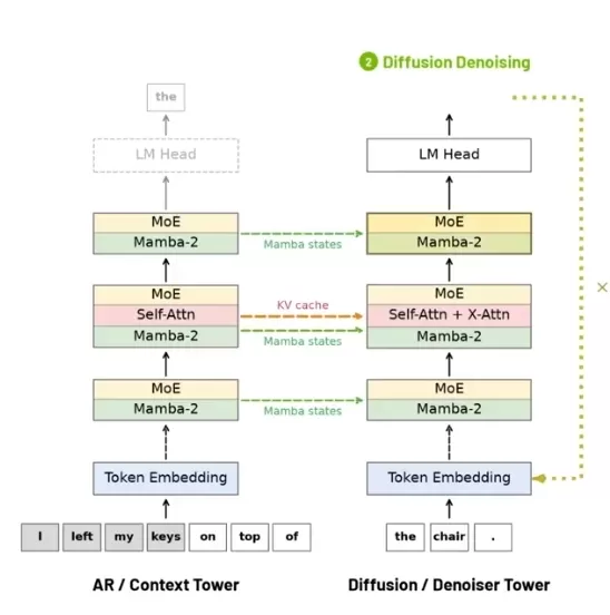 El 2 de julio, NVIDIA lanzó el modelo de lenguaje de difusión discreta Nemotron-Labs-TwoTower, que cuenta con una arquitectura de doble torre compuesta por 60 mil millones de parámetros y dos redes independientes de 30 mil millones cada una. Este modelo emplea la generación de texto en paralelo a través del proceso de difusión, lo que permite aumentar el rendimiento en 2,42 veces manteniendo al mismo tiempo el 98,7 % de las capacidades originales. Está disponible bajo licencia de código abierto en Huggingface y requiere dos GPUs H100 o A100 de 80 GB para poder realizar inferencias completas.