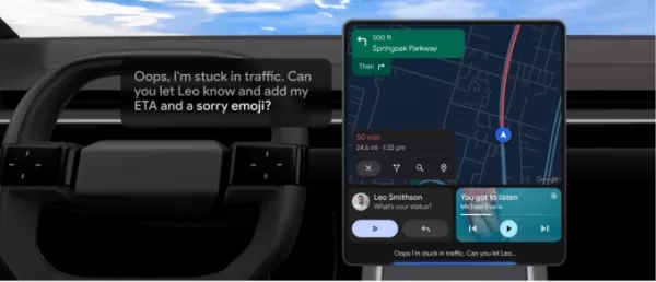 Google remplace Google Assistant par son IA Gemini dans Android Auto pour les voitures Le déploiement commence dès maintenant dans le monde entier dans 45 langues permettant aux utilisateurs d'avoir des conversations naturelles pour accomplir des tâches telles que trouver des restaurants le long d'un itinéraire, résumer des messages et des courriels et créer des listes de lecture musicales.