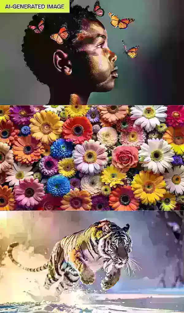 Three AI generated images showing a child, some flowers, and a tiger.