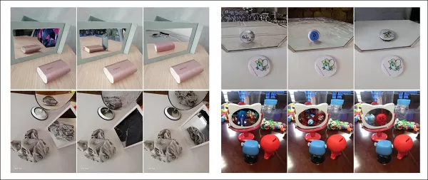 Real-world scene results comparing MirrorFusion, MirrorFusion 2.0, and MirrorFusion 2.0, fine-tuned on the MSD dataset. MirrorFusion 2.0, the authors contend, captures complex scene details more accurately, including cluttered objects on a table, and the presence of multiple mirrors within a three-dimensional environment. Only partial results are shown here, due to the dimensions of the results in the original paper, to which we refer the reader for full results and better resolution.