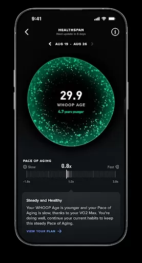 Renderização do aplicativo Whoop mostrando a nova métrica Healthspan que mostra uma Idade Whoop de 29,9 e o ritmo de envelhecimento do usuário.