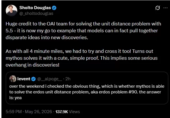 El modelo «Claude Mythos» de Anthropic ha resuelto la conjetura centenaria de la distancia unitaria de Erdős mediante un novedoso sistema colaborativo de múltiples agentes. Esto se produce tras el hito similar alcanzado por el GPT-5.5 de OpenAI, lo que intensifica la competencia en el ámbito de los descubrimientos matemáticos puros impulsados por la IA. Este avance pone de relieve un cambio de los modelos de lenguaje grandes (LLM) individuales hacia marcos de agentes colaborativos capaces de realizar un razonamiento lógico profundo y una exploración científica autónoma.