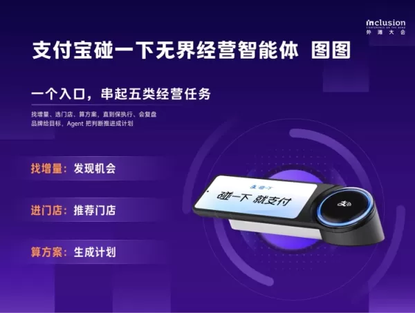 支付寶透過其Touch and Go平臺推出了面向品牌的Tutu智慧體，連線了4億消費者和超過100萬家門店。此次升級與現有的Xiaoyu智慧體整合，構建起完全由AI驅動的線下網路，解決了品牌在運營中的斷點問題。包括可口可樂和三得利在內的主要快消企業已採用該解決方案，執行了超過5,000場活動，透過資料驅動的決策實現了顯著的線下銷售增長和復購率提升。