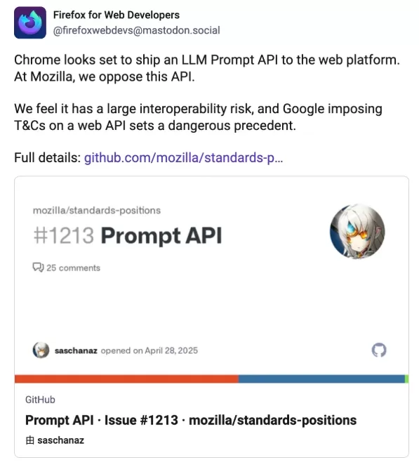 Firefox cuestiona la afirmación de Google de que cuenta con un sólido respaldo de los desarrolladores para su propuesta de API web de IA, calificando las pruebas de escasas. El debate pone de relieve la reacción negativa de los usuarios ante la integración agresiva de la IA en los navegadores. En respuesta, Mozilla añadirá un interruptor para activar o desactivar la IA en Firefox 148, con el fin de permitir a los usuarios desactivar todas las funciones de IA.