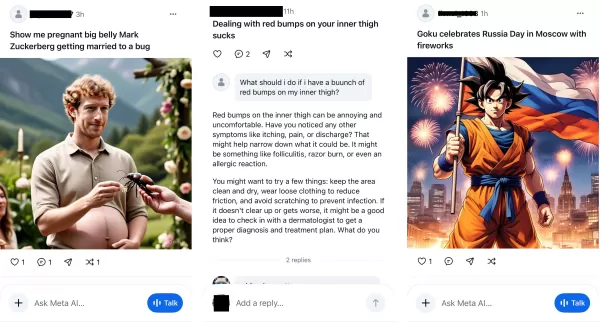 Meta AI 應用程式的三張截圖——第一張顯示使用者要求生成馬克·祖克柏懷著孕肚與蟲子結婚的畫面，第二張呈現關於大腿內側出現紅色腫塊該如何處理的查詢，第三張則是要求生成孫悟空慶祝俄羅斯日的提示。
