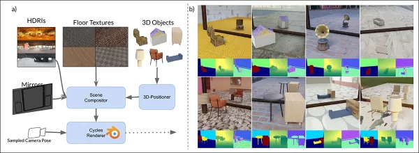 Schema for the generation of synthetic data in MirrorVerse: the dataset generation pipeline applied key augmentations by randomly positioning, rotating, and grounding objects within the scene using the 3D-Positioner. Objects are also paired in semantically consistent combinations to simulate complex spatial relationships and occlusions, allowing the dataset to capture more realistic interactions in multi-object scenes.