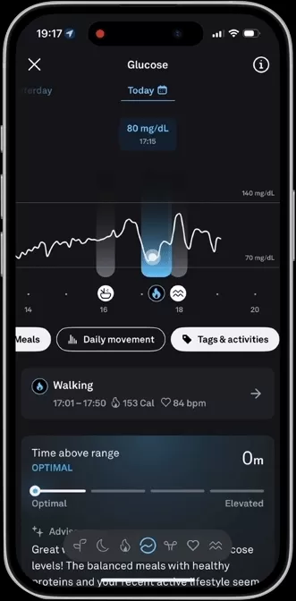 Gif of the Oura Glucose feature showing someone scrolling through charts of glucose trends, Time above range metric, and AI insights.
