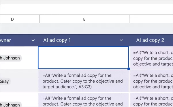 Veja como seria se você pedisse à Gemini para escrever um texto de anúncio com base em um grupo de células.