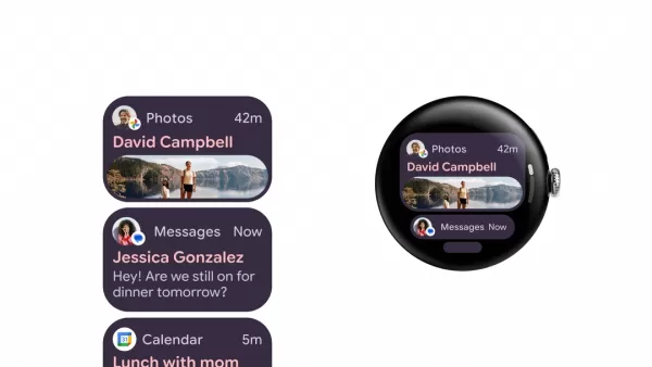 Closer look at how notifications will appear on Wear OS 6. It shows a more rounded tile and font, and avatars from senders.