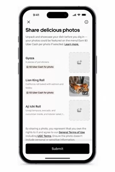 A Gif demonstrating how Uber Eats users can upload images of their food.
