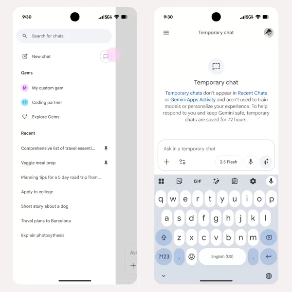 Gemini won’t reference conversations in temporary chats.