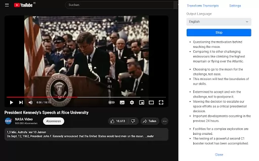 Live summarization into bullet points with one click. Translation in 30+ languages. Transcripts can be transformed with ChatGPT. - Chrome Extension