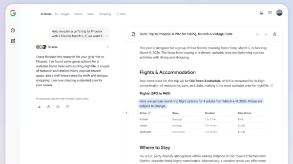 Google 正在全球擴展其 AI 旅遊工具 Flight Deals 和 Canvas Flight Deals 現在可協助 200 多個國家的使用者透過描述其行程尋找經濟實惠的航班 Canvas 在 AI 模式下利用即時搜尋和地圖資料為美國桌上型電腦使用者組織旅行計畫 Google 還將向所有美國使用者推出代理預訂功能，啟用 AI 輔助晚餐預訂。