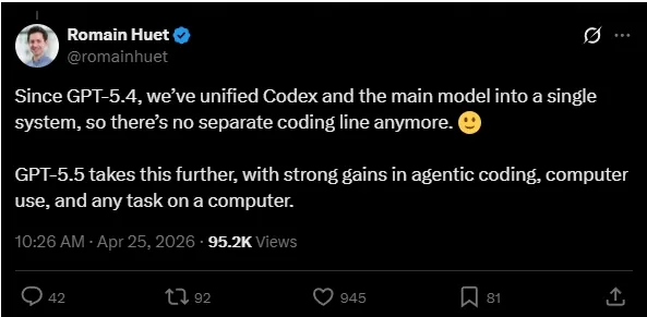 OpenAI 已停止其專用的 Codex 程式設計模型，並將其功能完全整合至主 GPT-5.5 模型中。此舉標誌著策略上的轉變，回歸至通才式方法，即由單一強大的模型處理所有專業情境，包括程式設計。儘管 API 價格上漲了約 20%，整合後的 GPT-5.5 在自主程式設計任務及資源效率方面仍展現出更佳的表現。此舉顯示，AI 程式設計現已成為通用大型模型的核心能力。