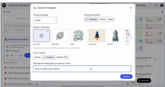 Screenshot of NotebookLM's custom style selection interface