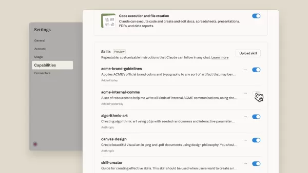 A Anthropic lançou o Skills para o Claude AI, permitindo que os usuários criem pastas personalizadas com instruções e códigos executáveis para melhorar o desempenho das tarefas. O Skills é carregado automaticamente quando relevante, aprimorando o trabalho especializado nos aplicativos Claude, o Claude Code e a API para usuários Pro Team e Enterprise.